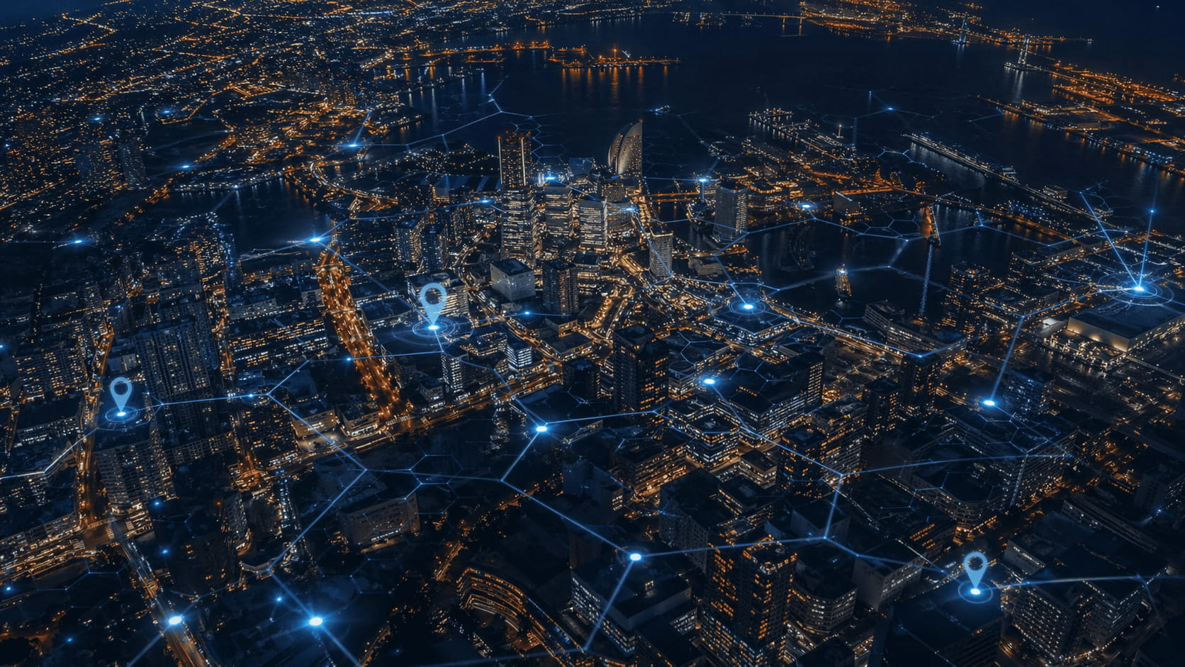 都市の夜景とデータネットワークが重なるイメージ｜立地はやり直せない、だからデータで選ぶ｜店舗立地研究所