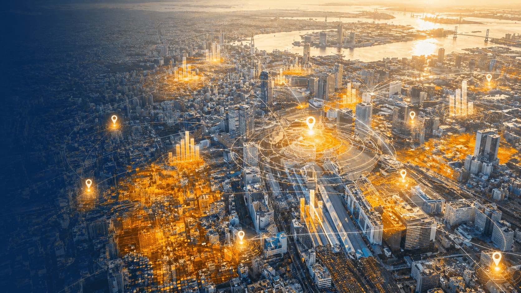 都市俯瞰とデータポイントが可視化されたイメージ｜データは嘘をつかない、人口・人流・競合の答え｜店舗立地研究所